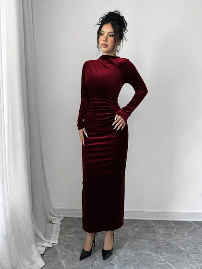 Solange Velvet Dress with High Neck and Ruched Body