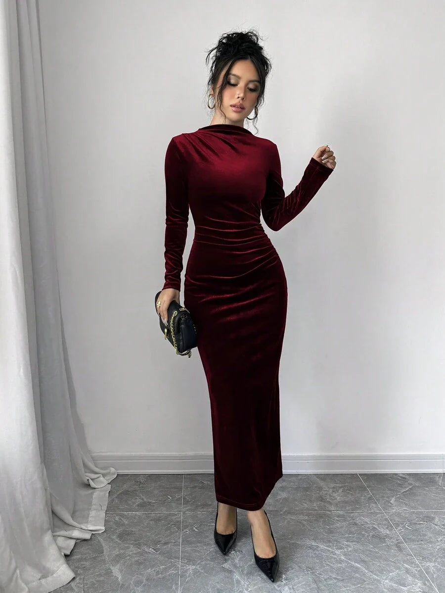 Solange Velvet Dress with High Neck and Ruched Body