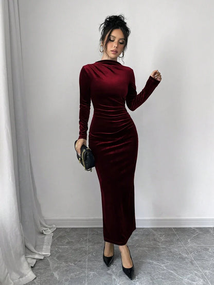 Solange Velvet Dress with High Neck and Ruched Body