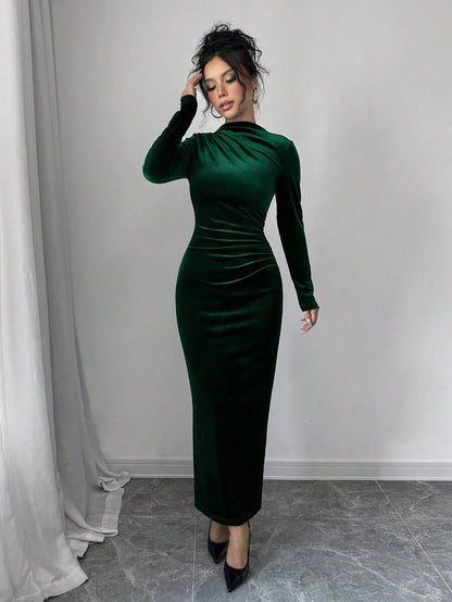 Solange Velvet Dress with High Neck and Ruched Body