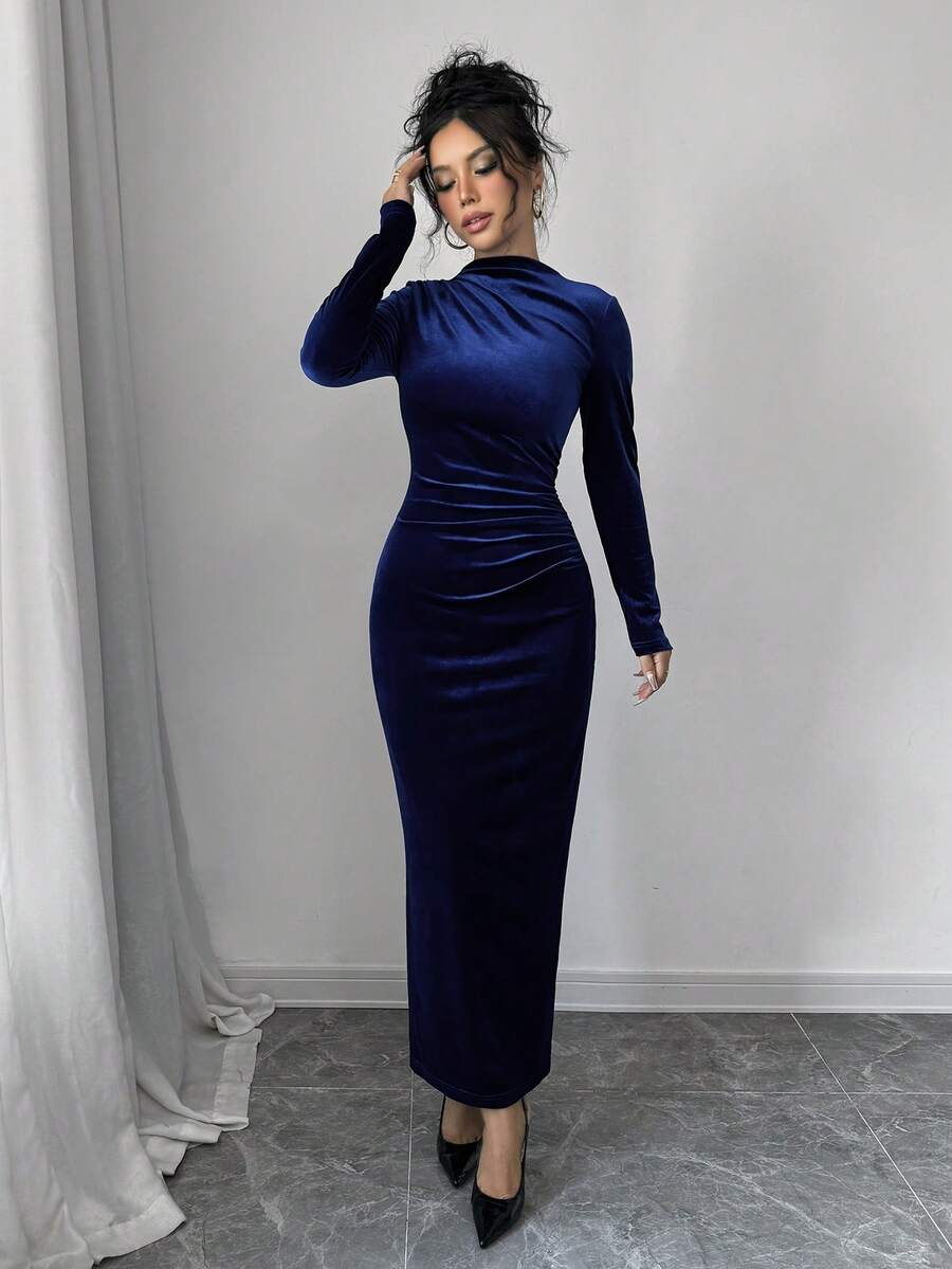 Solange Velvet Dress with High Neck and Ruched Body