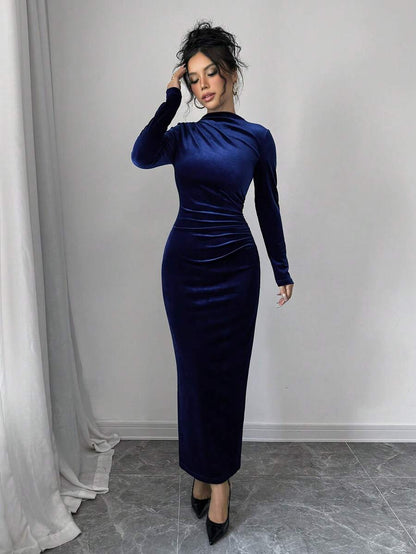 Solange Velvet Dress with High Neck and Ruched Body