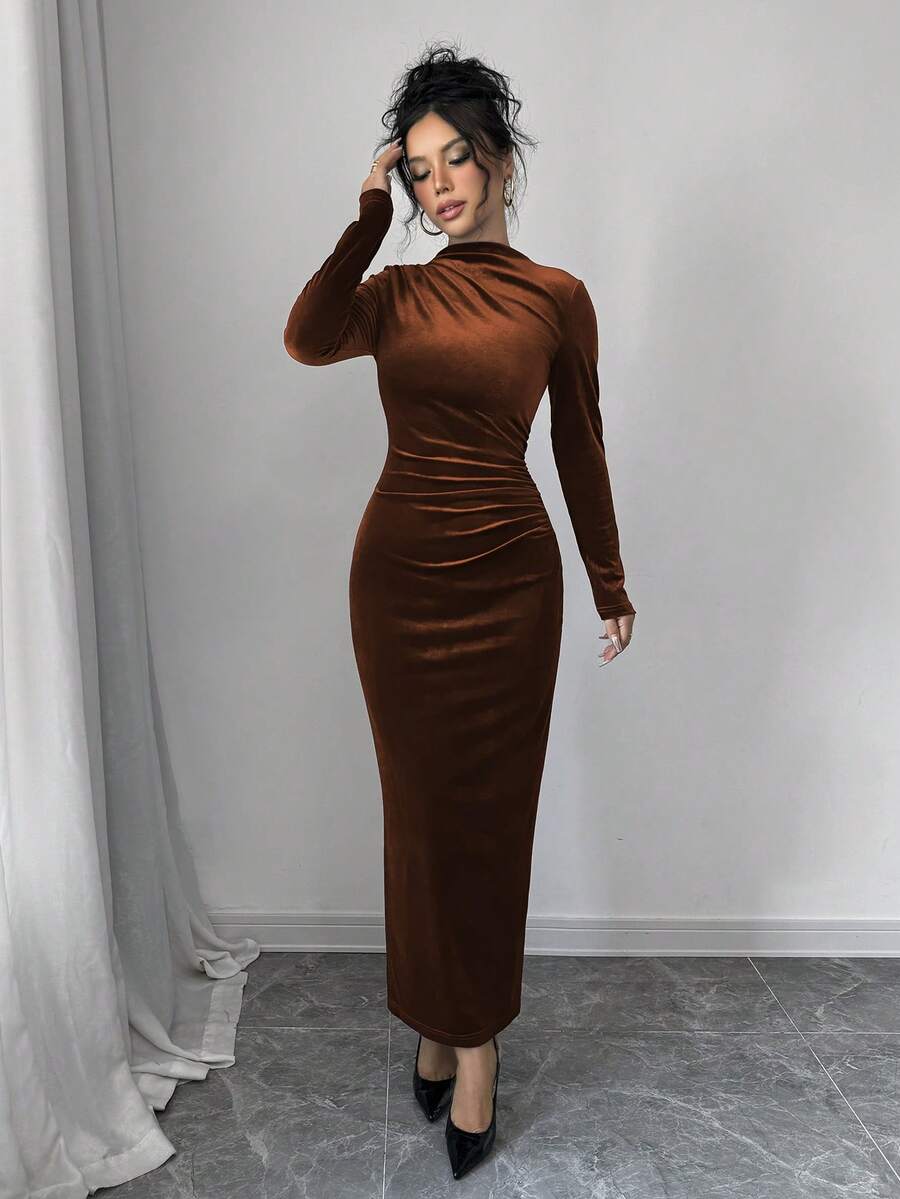 Solange Velvet Dress with High Neck and Ruched Body