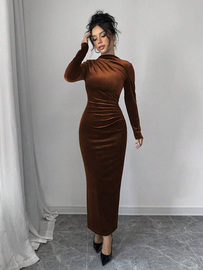 Solange Velvet Dress with High Neck and Ruched Body
