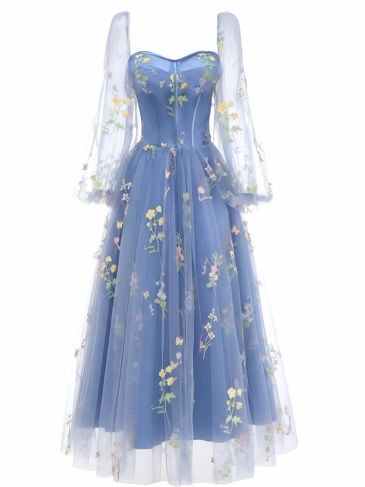 Lorena Long Sleeve Dress with Embroidered Mesh and Full Skirt