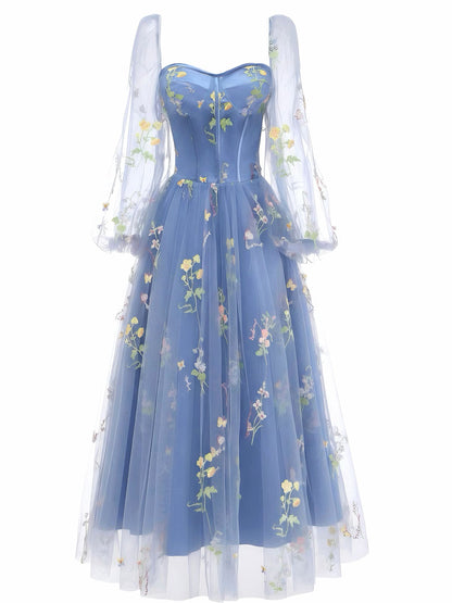 Lorena Long Sleeve Dress with Embroidered Mesh and Full Skirt