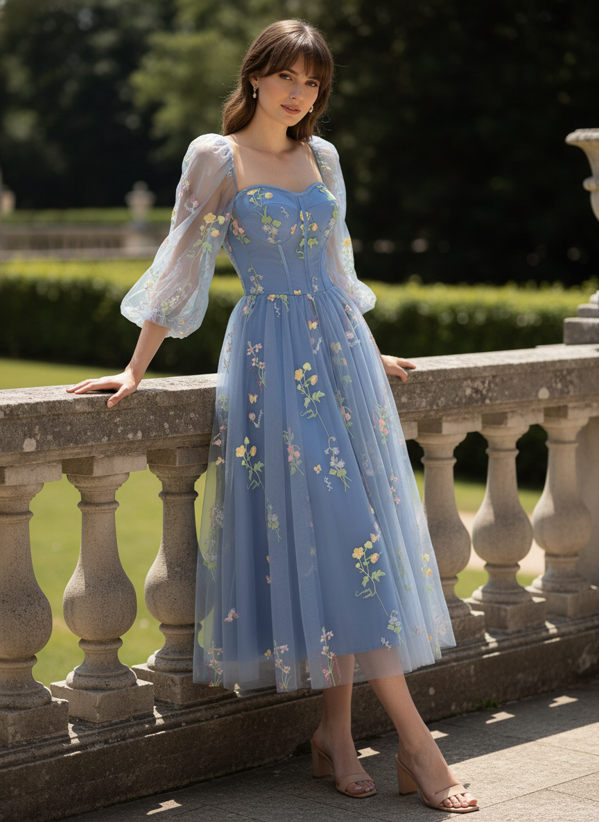 Lorena Long Sleeve Dress with Embroidered Mesh and Full Skirt