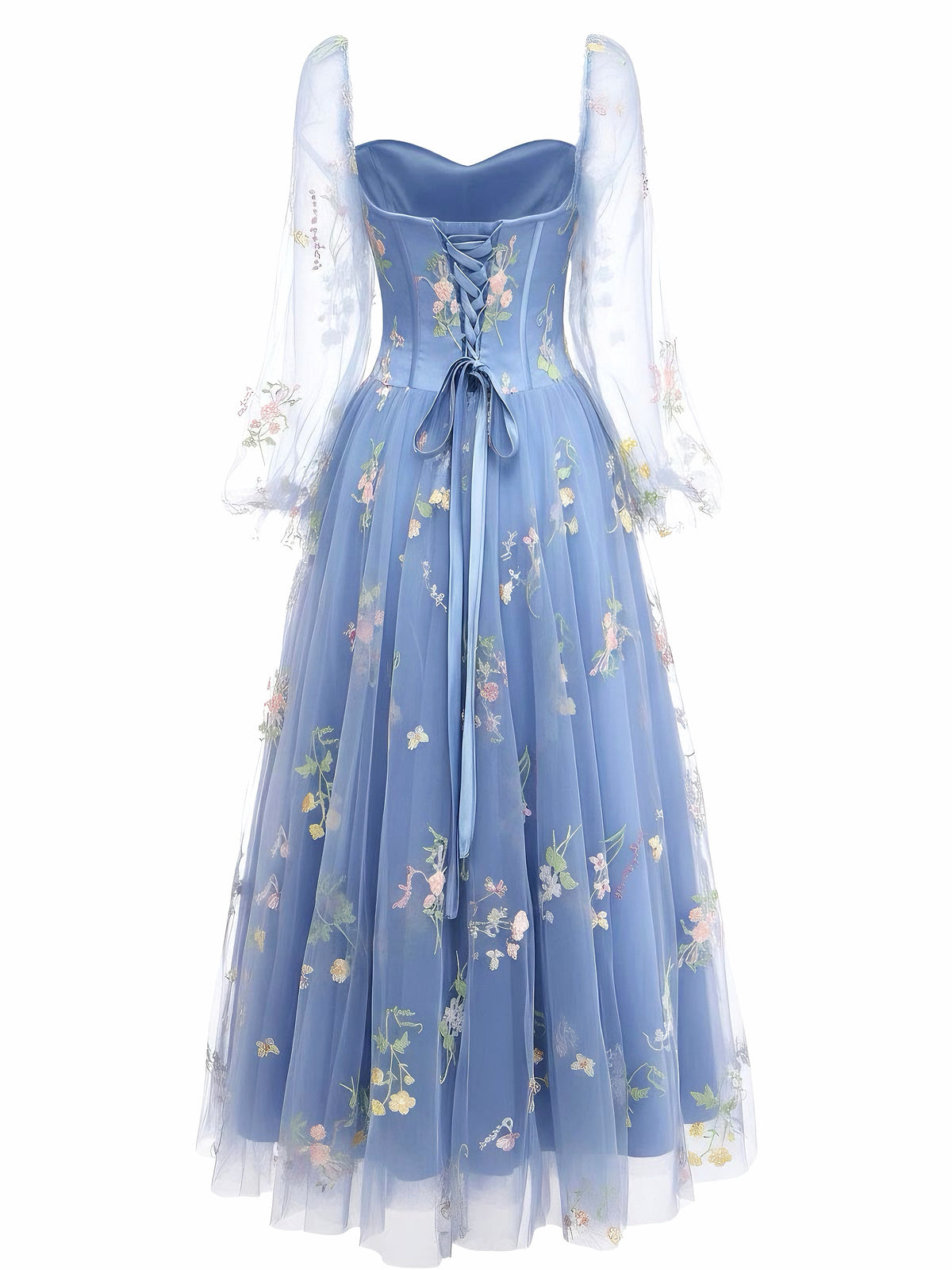 Lorena Long Sleeve Dress with Embroidered Mesh and Full Skirt
