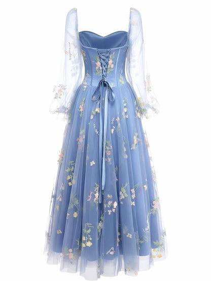 Lorena Long Sleeve Dress with Embroidered Mesh and Full Skirt