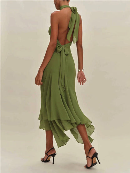 Roxane Green Dress with Halter Neck and Backless Cut