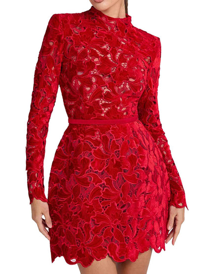 Josette Red Dress with Floral Lace and Scalloped Hem