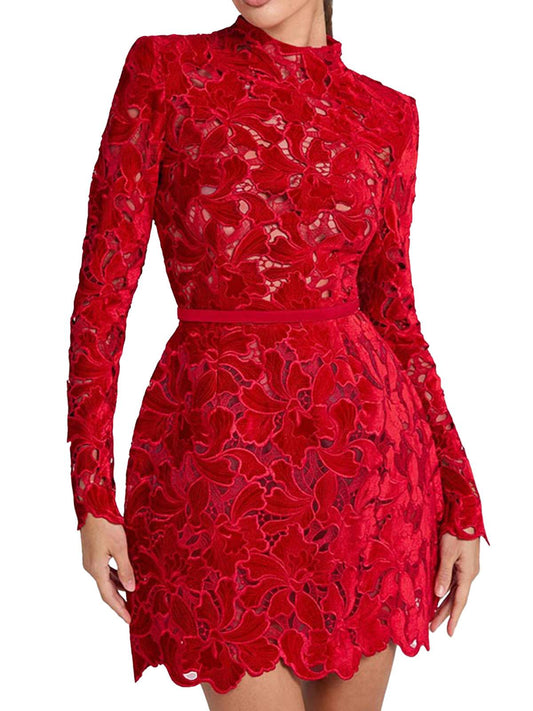 Josette Red Dress with Floral Lace and Scalloped Hem
