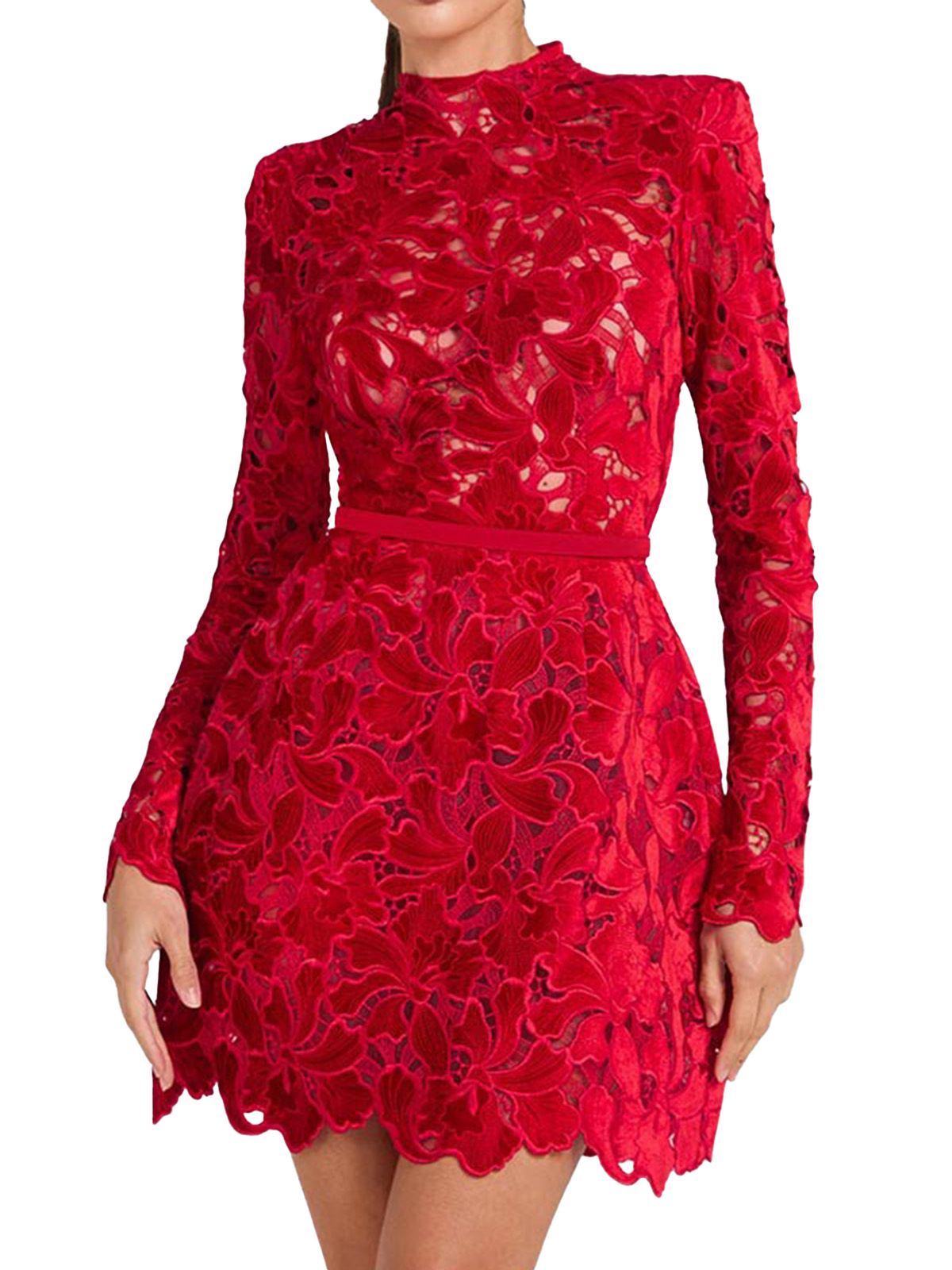 Josette Red Dress with Floral Lace and Scalloped Hem