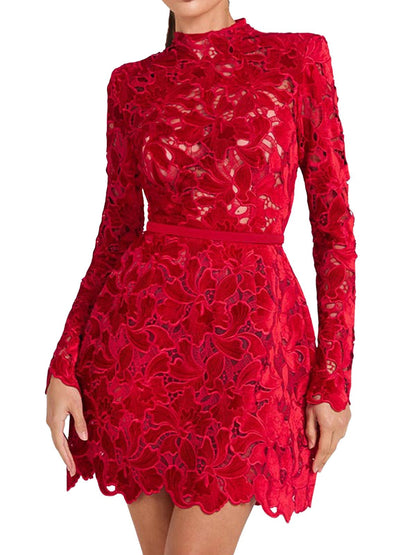 Josette Red Dress with Floral Lace and Scalloped Hem