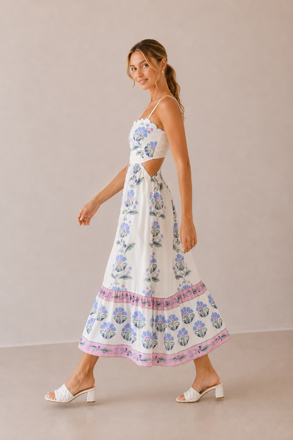 Luisa Cream Dress with Floral Border and Tiered Skirt