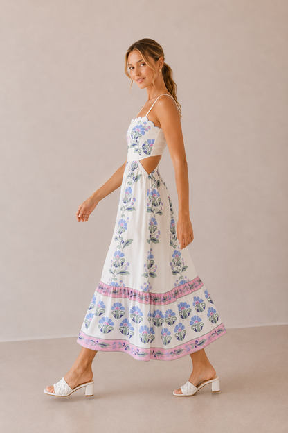 Luisa Cream Dress with Floral Border and Tiered Skirt
