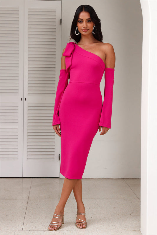Leanne Long Sleeve Midi Dress in Fuchsia