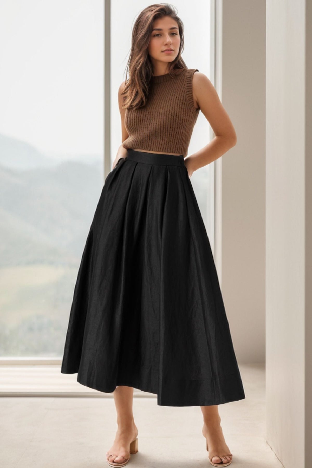 Jenna Black Skirt with Pleated Waist and Linen Blend