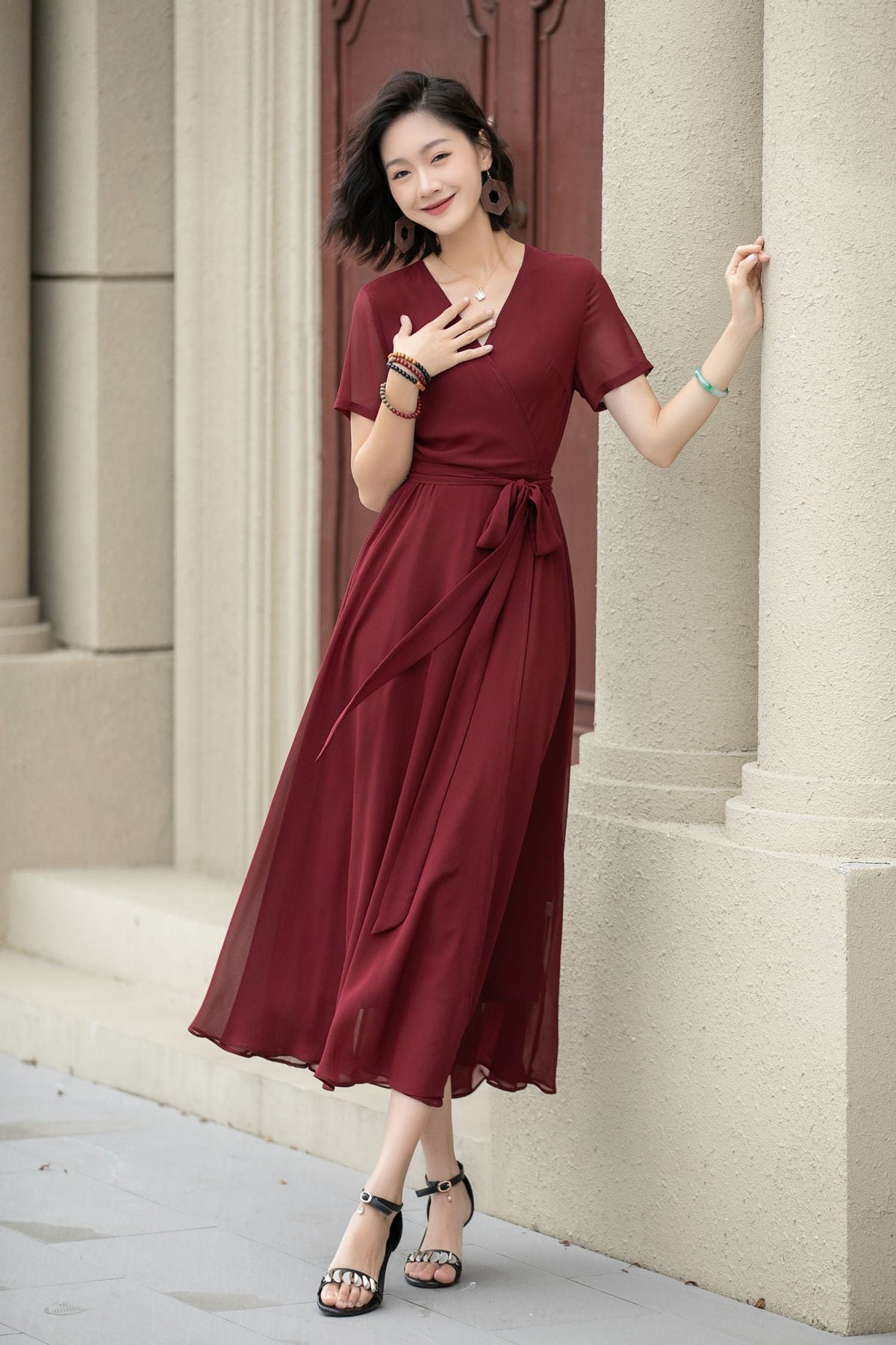 Florine Burgundy Dress with Wrap Front and Flared Skirt