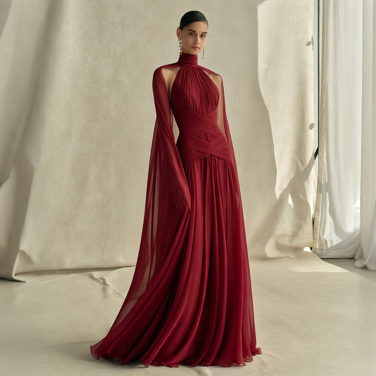 Leigh Evening Gown with Pleated Chiffon and Cape Detail