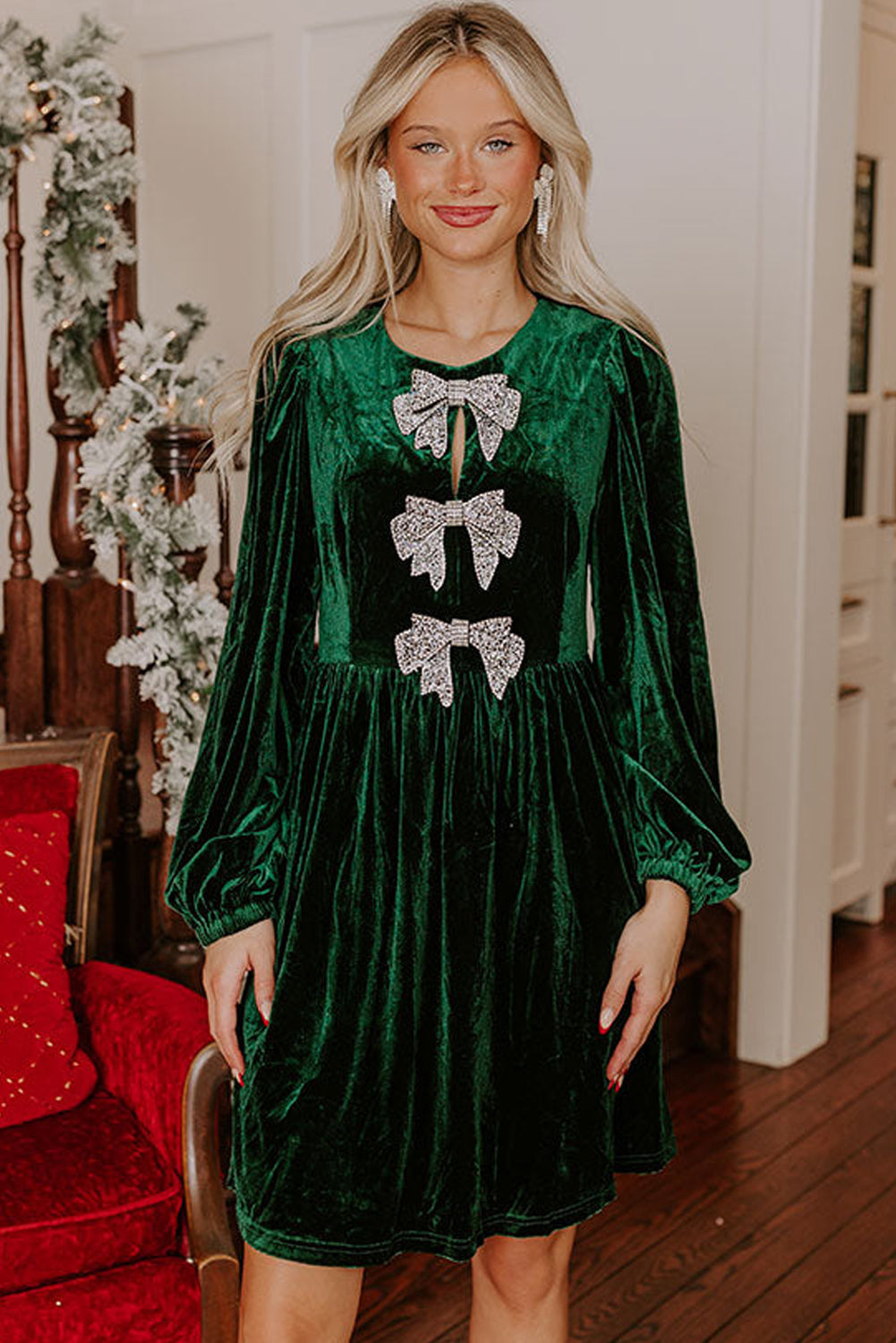 Carys Velvet Dress with Bow Detail and High Waist