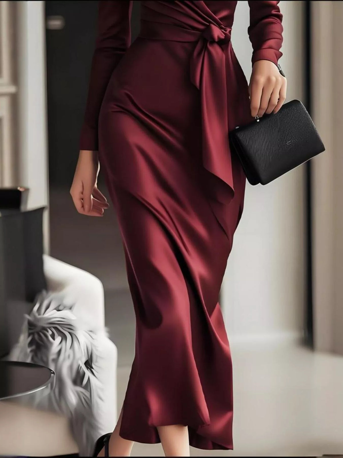 Vienna Long Sleeve Dress with Surplice Neck and Tie Waist