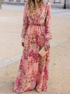 Paloma Long Sleeve Dress with Floral Print and Deep V Neck