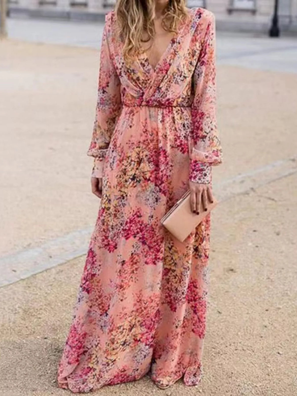 Paloma Long Sleeve Dress with Floral Print and Deep V Neck