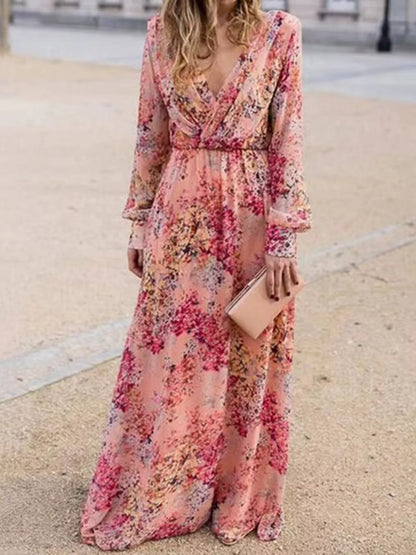 Paloma Long Sleeve Dress with Floral Print and Deep V Neck
