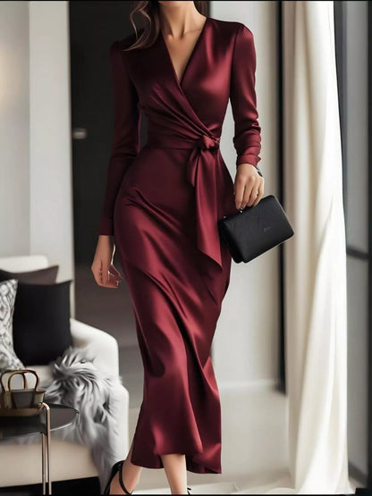 Vienna Long Sleeve Dress with Surplice Neck and Tie Waist