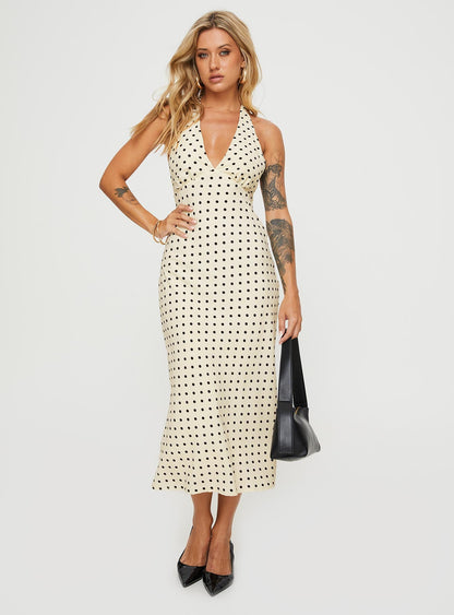 Eva Cream Dress with Polka Dots and Halter Neckline