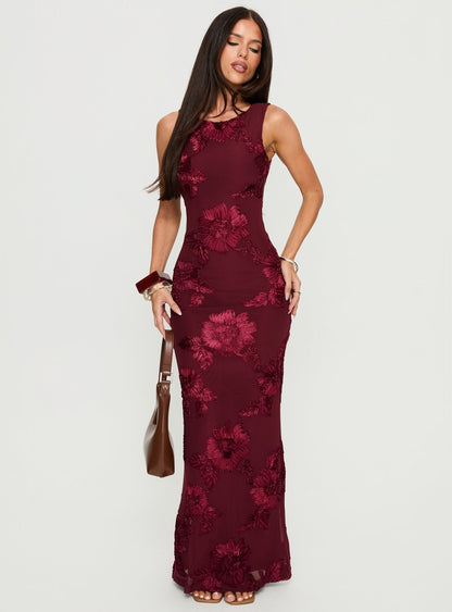 Jara Burgundy Dress with Floral Embroidery and Side Slit
