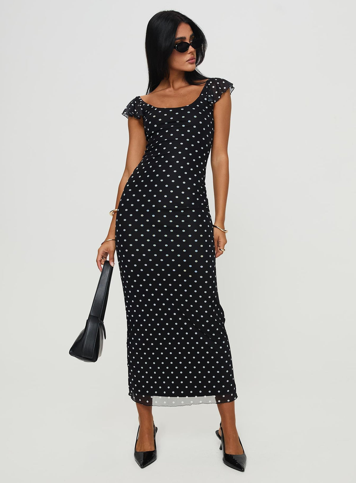 Aderyn Black Dress with Polka Dots and Boat Neckline