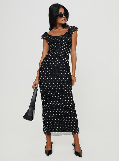 Aderyn Black Dress with Polka Dots and Boat Neckline
