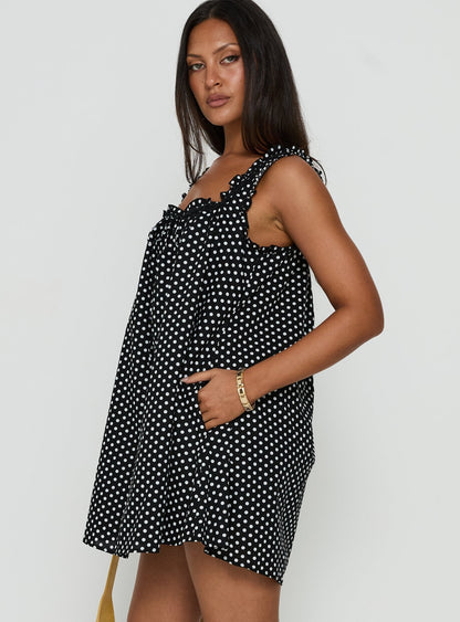 Delphi Black Mini Dress with Polka Dots and Swing Skirt