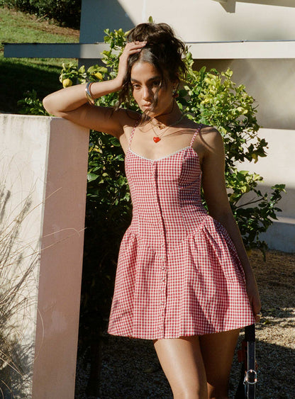 Eulalie Red Dress with Gingham Check and Corset Bodice