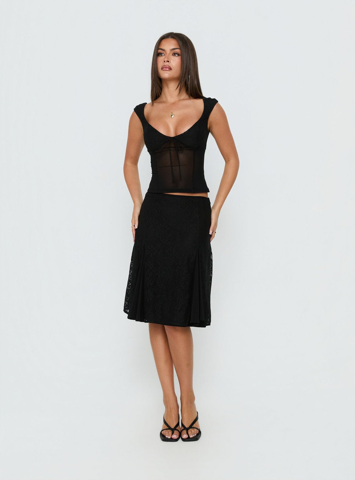 Emmy Black Skirt with Lace Panels and Midi Length