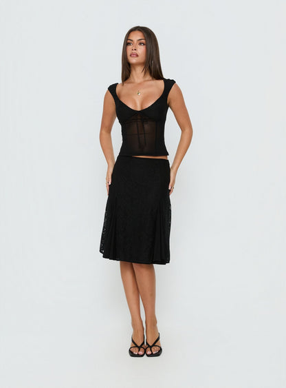 Emmy Black Skirt with Lace Panels and Midi Length