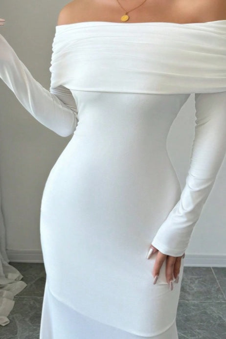 Kaia Long Sleeve Dress with Off-Shoulder Neck and Mermaid Hem