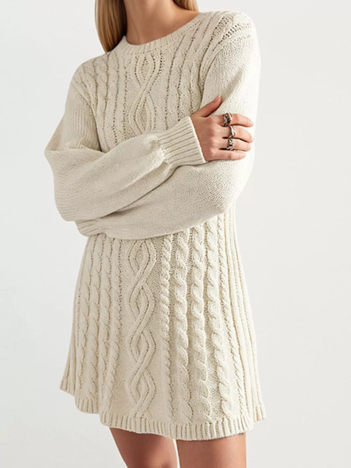 Elke Sweater Dress with Cable Knit and Puff Sleeves