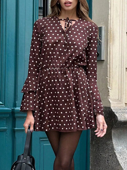 Honor Long Sleeve Mini Dress with Polka Dots and Tie Neck