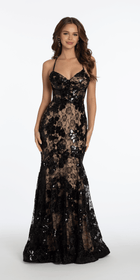 Xanthe Sequin Dress with Plunge Neck and Lace Overlay