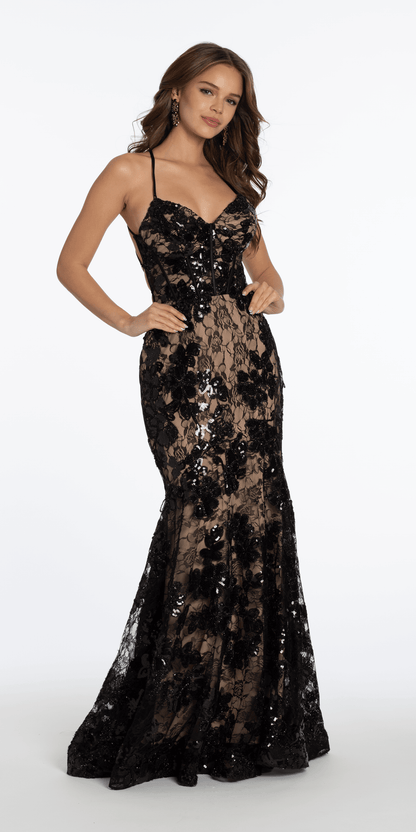 Xanthe Sequin Dress with Plunge Neck and Lace Overlay