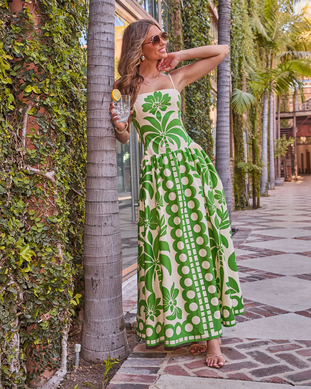 June Green Dress with Tropical Print and Strapless Bodice