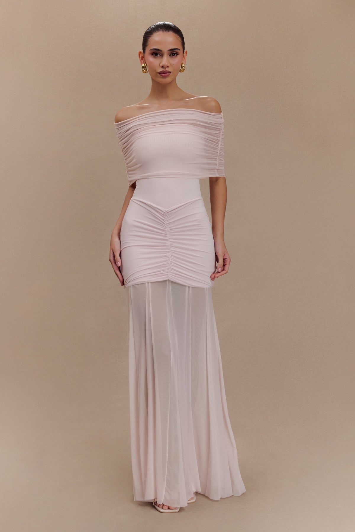 Caspian Slinky Mesh Off-Shoulder Evening Dress