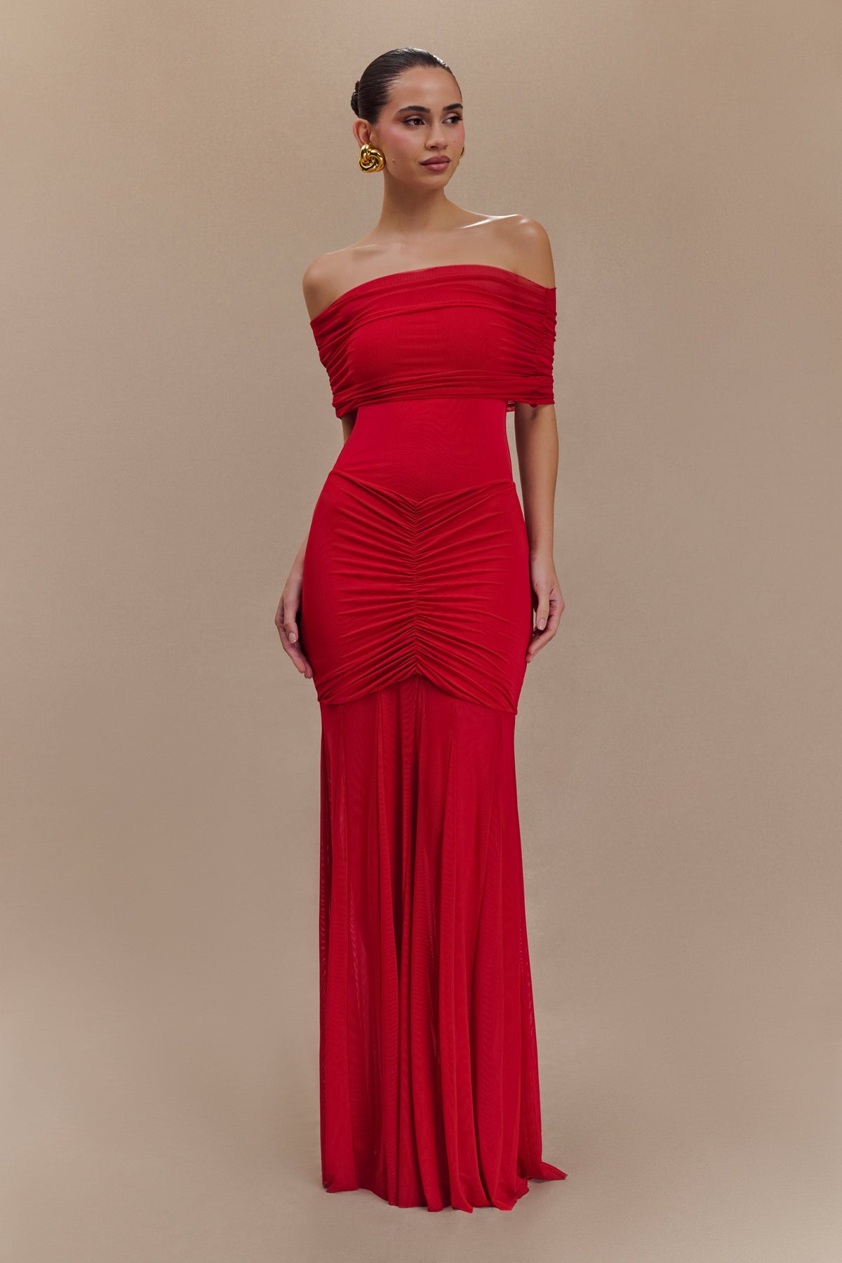 Caspian Slinky Mesh Off-Shoulder Evening Dress