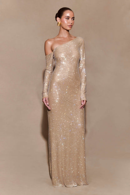 Fern Long Sleeve Dress with One Shoulder and Diamante