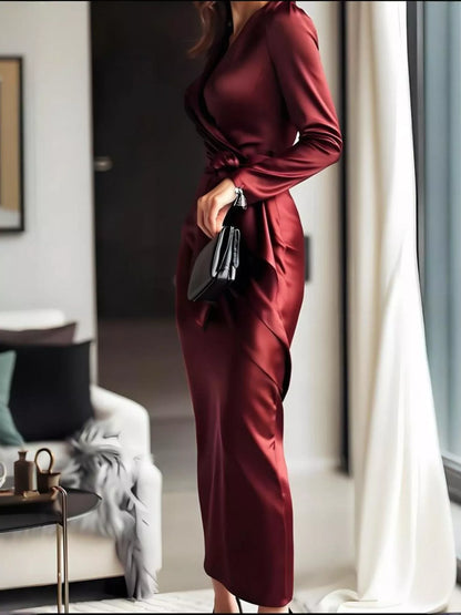 Vienna Long Sleeve Dress with Surplice Neck and Tie Waist