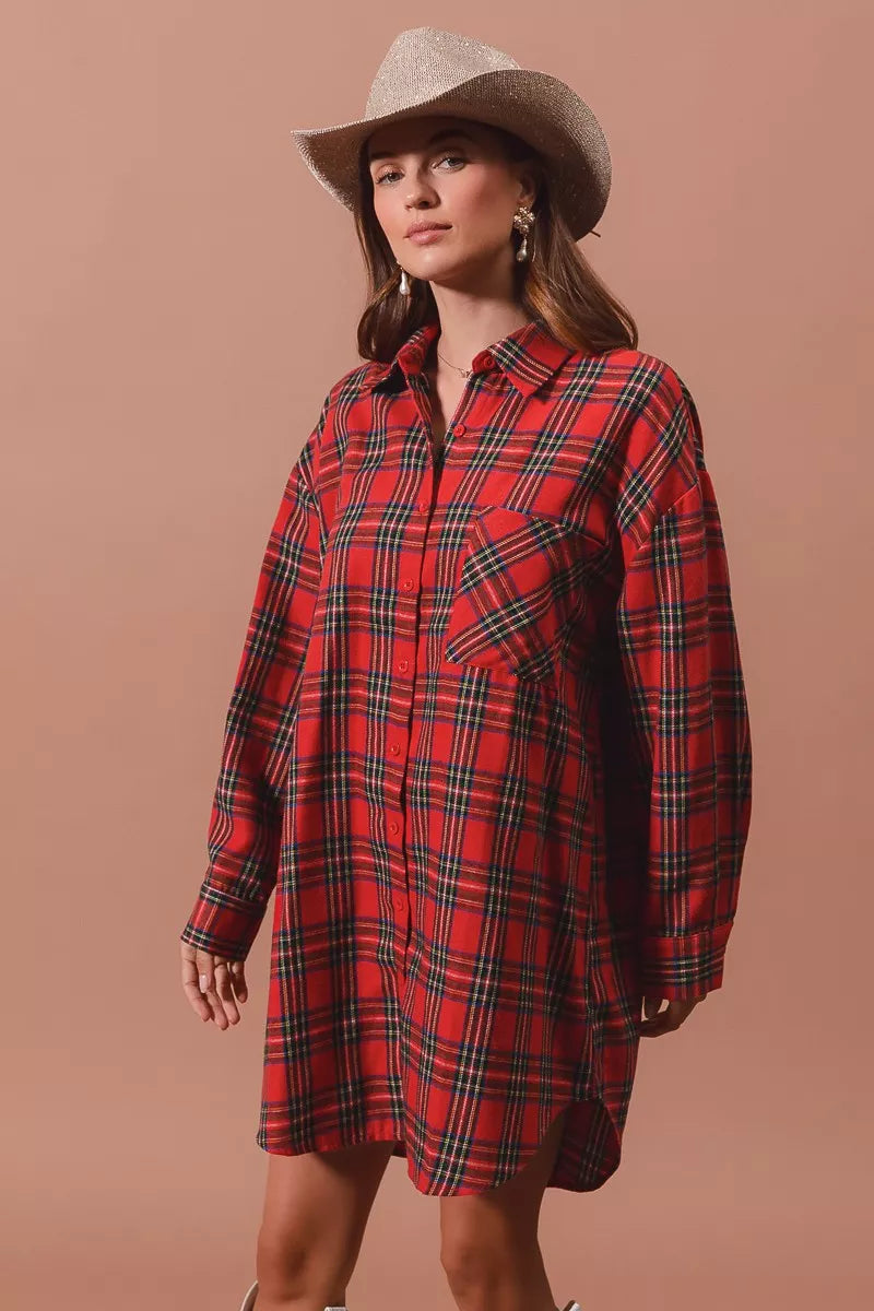 Laurel Red Dress with Tartan Check and Shirt Collar