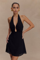 Amabel Black Mini Dress with Plunge Halter and Chiffon Skirt